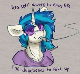 anthro blue_clothing blue_hair blue_shirt blue_topwear clothing drugs eyewear female grey_background hair horn joint marijuana multicolored_hair shirt simple_background smile smoking smoking_marijuana solo sunglasses text topwear two_tone_hair white_body reddthebat friendship_is_magic hasbro my_little_pony mythology vinyl_scratch_(mlp) equid equine mammal mythological_creature mythological_equine unicorn 2025 bust_portrait english_text hi_res portrait