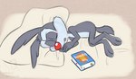 3_toes 4_fingers anthro bed book cheek_tuft college_student curled_up eyes_closed facial_tuft feet fetal_pose fingers fluffy_ears fluffy_eyebrows fur furniture grey_body grey_fur male open_mouth paws pillow red_nose sleeping solo tired toes tuft adriano_berjillos tiny_toon_adventures tiny_toons_looniversity warner_brothers calamity_coyote canid canine canis coyote mammal