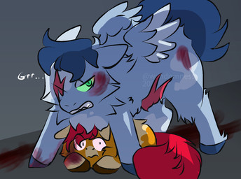 abdominal_scar age_difference ambiguous_feral ambiguous_gender angry bared_teeth blood blood_on_fur blue_body blue_feathers blue_fur blue_hooves blue_mane blue_tail bodily_fluids brown_hooves duo ears_back ears_down eye_scar facial_scar feathers feral fur green_eyes green_sclera grey_background growling half-closed_eyes hooves lying mane missing_eye narrowed_eyes on_front orange_body orange_fur pivoted_ears protecting red_mane red_tail scar scared simple_background size_difference small_wings standing tail teeth unguligrade wings young young_ambiguous young_feral wandomness fluffy_pony mythology blueberry_(wandomness) hamster_(wandomness) equid equine fluffy_pony_(species) mammal mythological_creature mythological_equine pegasus 2021 aliasing cel_shading digital_drawing_(artwork) digital_media_(artwork) shaded watermark