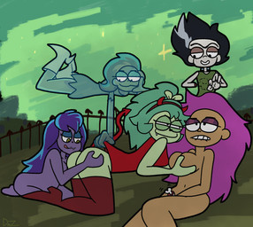 :3 anthro bite biting_lip breasts butt clothed clothing clothing_lift dress eyebrows fangs female group hand_on_breast hand_on_butt hand_on_vulva horn looking_at_another nude outside red_horn shirt shirt_lift snaggle_tooth spade_tail tail teeth topwear unibrow drz_nsfw cartoon_network ghoul_school hanna-barbera ok_k.o.!_let's_be_heroes scooby-doo_(series) adult_fink elsa_frankenteen enid_(ok_k.o.!_lbh) fink_(ok_k.o.!_lbh) phantasma_(ghoul_school) sibella_dracula ghost human mammal monster murid murine rat rodent spirit undead vampire zombie hi_res