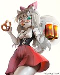 alcohol anthro beer beverage blouse blush bottomwear breasts clothed clothing container cup dress eating embarrassed eyewear female food german glasses grey_body holidays inner_ear_fluff low-angle_view mug multicolored_eyes pawpads pretzel_(food) raised_bottomwear raised_clothing raised_skirt ribbons skirt slim small_breasts small_waist solo tail topwear tuft waiter wide_hips noconcession oktoberfest sona_(yuio) felid feline mammal 4:5 absurd_res hi_res