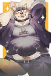 anthro belt blep blush collar eyebrows fur male multicolored_body multicolored_fur muscular muscular_anthro muscular_male one_eye_closed pawpads solo sparkles thick_eyebrows tongue tongue_out wink cocobucker lifewonders live_a_hero sterio canid canine canis domestic_dog mammal hi_res