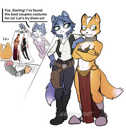 amputee anthro belt biceps black_boots black_clothing black_footwear black_topwear black_vest blue_body blue_fur boots bottomwear bra brown_body brown_fur clothed clothing cosplay costume crossdressing crossed_arms dialogue disability duo female fluffy fluffy_tail footwear fur green_eyes grey_boots grey_clothing grey_footwear hair holster loincloth long_tail male missing_foot multicolored_body multicolored_fur muscular muscular_anthro muscular_arms muscular_male prosthetic prosthetic_foot shoes short_hair slave_leia_costume tail teal_eyes text topwear two_tone_body two_tone_fur underwear vest white_body white_fur aabramsart nintendo star_fox star_wars fox_mccloud han_solo krystal_(star_fox) leia_organa canid canine fox mammal 2025 digital_drawing_(artwork) digital_media_(artwork) english_text