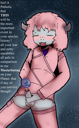 balls blush bodily_fluids clothing earth earth_(planet) extreme_size_difference eyes_closed fangs genital_fluids genitals grey_body grey_skin hair legwear macro male masturbation penis pink_clothing pink_hair planet planet_dwarfing precum size_difference solo space star teeth terra_macro text thigh_highs teruni-inamor alien humanoid roswell_grey