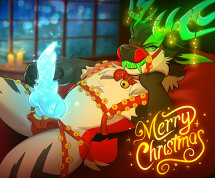 ambiguous_gender anthro bell bell_collar bell_harness collar detailed_background dildo fangs genitals glowing glowing_genitalia harness holidays horn knot knotted_dildo muscular sex_toy solo strapon stroking_dildo teeth nokasdungeon asian_mythology christmas east_asian_mythology japanese_mythology mythology maika_(nokasdungeon) bovid caprine foo_dog hybrid komainu mammal procyonid yokai
