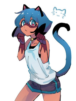 alternate_form anthro bell bell_collar biped black_highlights blue_hair bottomwear breasts cat_tail clothed clothing collar dipstick_tail dolphin_shorts facial_markings female gloves hair handwear head_markings highlights_(coloring) jingle_bell jingle_bell_choker jingle_bell_collar markings mask_(marking) orange_body paw_pose pose raised_tail shirt shorts simple_background small_breasts solo standing tail tail_markings tank_top three-quarter_view topwear undershirt white_background i4_kan brand_new_animal studio_trigger michiru_kagemori canid canine domestic_cat felid feline felis hybrid mammal raccoon_dog tanuki 2020 3:4 digital_media_(artwork) portrait three-quarter_portrait
