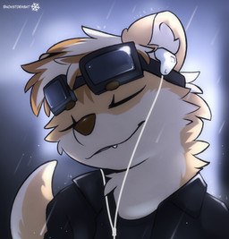 clothing confident cord cute_fangs earbuds electronics eyes_closed eyewear eyewear_on_head fangs fur goggles goggles_on_head headphones jacket leather leather_clothing leather_jacket leather_topwear male multicolored_body multicolored_fur music one_fang raining smile tail teeth topwear two_tone_body two_tone_fur snowstormbat adrian_(snowstormbat) mammal mustelid otter bust_portrait hi_res portrait