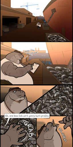 anthro arm_hair arm_scar belly big_belly boat body_hair clipboard clothing clothing_around_waist crane_(machine) dialogue dockyard eating eating_food facial_hair fish_in_mouth grey_body hat headgear headwear huge_belly male musclegut muscular muscular_anthro muscular_male mustache neck_bulge obese obese_anthro obese_male onomatopoeia overweight overweight_anthro overweight_male scar shipyard shirt shirt_around_waist sound_effects speech_bubble tank_top text topwear vehicle watercraft white_clothing white_shirt white_tank_top white_topwear writing_text writing_utensil lizard_soup flint_(lizard_soup) aquatic fish leopard_seal mammal pinniped seal absurd_res comic english_text hi_res