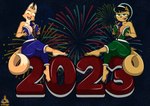 barefoot black_hair clothing duo eyes_closed feet female fireworks green_eyes hair holidays logo open_mouth pajamas a-fitzga dreamworks new_year new_year_2023 nickelodeon t.u.f.f._puppy the_bad_guys diane_foxington kitty_katswell canid canine domestic_cat felid feline felis fox mammal 2023 artist_logo hi_res