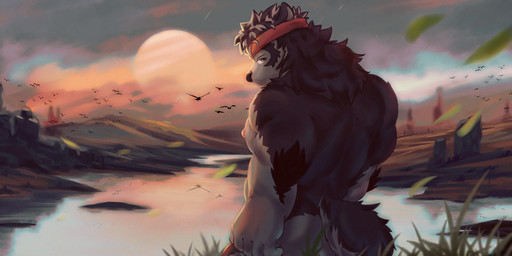accessory back_muscles brown_body brown_fur detailed_background fur headband looking_back multicolored_body multicolored_fur nude plant sky solo sun two_tone_body two_tone_fur water white_body white_fur yellow_eyes bearp_(artist) lifewonders tokyo_afterschool_summoners volkh_vseslav_(tas) canid canine canis mammal wolf hi_res signature