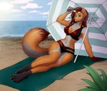 anthro barefoot beach beach_towel beach_umbrella bikini biped breasts brown_hair claws cleavage clothed clothing cloud feet female fur hair hindpaw navel orange_body orange_fur outside parasol paws plant red_bikini red_clothing red_swimwear sand sea seaside sky solo swimwear toe_claws towel two-piece_swimsuit water white_body white_fur onomari epsilon canid canine mammal absurd_res digital_media_(artwork) hi_res shaded