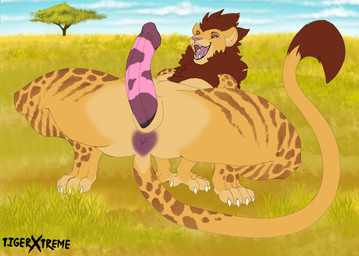 ambiguous_gender animal_genitalia anus claws crouching erection genitals grass intersex mane open_mouth open_smile outside penis plant pseudo-penis smile tail tail_tuft tuft tigerxtreme felid hybrid hyena lion mammal pantherine hi_res