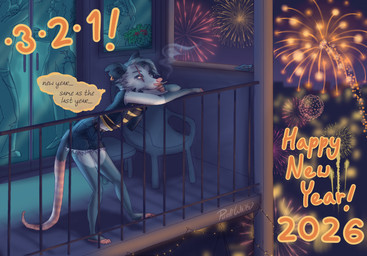 alternative_fashion ambiguous_gender anthro apartment ashtray balcony bee_costume bottomwear cigarette clothing countdown denim denim_bottomwear denim_clothing denim_shorts female fireworks fur grey_body grey_fur group holidays leaning leaning_forward light party plastic_chair punk railing red_solo_cup scar shorts smoke smoking smoking_cigarette solo text thought_bubble purliwhite new_year new_year_2026 new_years_eve american_opossum mammal marsupial english_text hi_res lighting