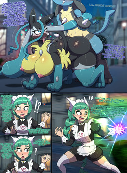 all_fours ambiguous_penetration anthro bangs big_breasts big_butt blue_eyes bodily_fluids breasts butt clothing dialogue eye_roll fangs female female_penetrated garchompite green_hair group hair huge_breasts huge_butt key_stone_(pokemon) larger_female larger_penetrated looking_pleasured maid_uniform male male/female male_penetrating male_penetrating_female mega_stone penetration pokemon_speak saliva sex size_difference small_waist smaller_male sweat teeth text tongue tongue_out transformation trio uniform flybeeth nintendo pokemon pokemon_legends_z-a emma_(pokemon) lebanne_(pokemon) canid generation_4_pokemon generation_9_pokemon human lucario mammal mega_evolution mega_lucario_z pokemon_(species) absurd_res comic english_text hi_res