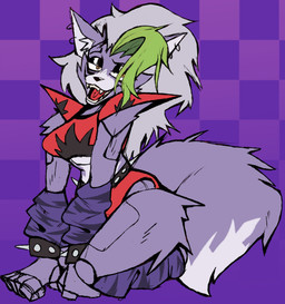 anthro arm_warmers armwear bottomwear bracelet breasts choker claws clothed clothing collar colored_nails crop_top ear_piercing facial_markings female fingers front_view fur green_hair green_highlights grey_body grey_ears grey_face grey_fur grey_hair grey_tail hair hand_behind_back head_markings highlights_(coloring) inner_ear_fluff jewelry looking_at_viewer machine makeup markings midriff multicolored_hair nails navel necklace open_mouth pattern_armwear pattern_clothing piercing purple_clothing red_bottomwear red_clothing red_topwear shirt solo tail topwear tuft yellow_eyes aaaaaron122 five_nights_at_freddy's five_nights_at_freddy's:_security_breach scottgames steel_wool_studios roxanne_wolf animatronic canid canine canis mammal robot wolf 2024 absurd_res digital_drawing_(artwork) digital_media_(artwork) hi_res portrait