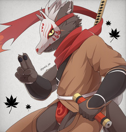 5_fingers anthro asian_clothing brown_body brown_fur clothing east_asian_clothing fingers fur japanese_clothing katana looking_at_viewer male mask melee_weapon red_eyes solo sword weapon white_body white_fur yellow_sclera ponzu_tas lifewonders tokyo_afterschool_summoners tadatomo_(tas) canid canine canis domestic_dog mammal 2021 2022 hi_res