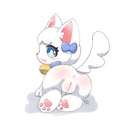 female feral head_turned looking_at_viewer pawpads paws raised_tail rear_view simple_background smile solo tail toony white_body neisawa domestic_cat felid feline felis mammal 1:1 absurd_res hi_res