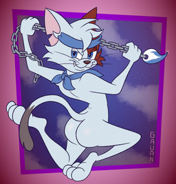 accessory anthro arched_back blue_eyes brown_nose brown_spots butt casual_nudity chain cloud dipstick_tail fangs fur headband hook jumping looking_back male markings night ninja scarf smug solo spots tail tail_markings teeth toony warrior weapon white_body white_fur gavanzude metro-goldwyn-mayer tom_and_jerry syrus_(tom_and_jerry) domestic_cat felid feline felis mammal alternate_version_at_paywall digital_drawing_(artwork) digital_media_(artwork) hi_res signature