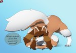 accessory anthro ass_up big_breasts blue_eyes breast_squish breasts brown_hair butt claws countershade_butt countershade_face countershade_legs countershade_tail countershading dialogue feet female flexible fluffy fluffy_tail fur hair hair_accessory hairpin inner_ear_fluff jack-o'_pose looking_at_viewer neck_tuft nude orange_body orange_fur ponytail pose slightly_chubby solo squish tail text thick_thighs toe_claws tuft white_body white_fur stylish_apollo maya_halkavich canid canine canis domestic_dog husky mammal nordic_sled_dog red_husky spitz english_text hi_res meme