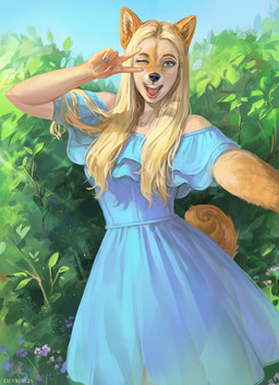 blonde_hair blue_clothing blue_dress brown_body brown_fur clothing dress female front_view fur gesture hair hand_gesture looking_at looking_at_viewer mid_transformation one_eye_closed smile solo species_transformation tail transformation v_sign wink winking_at_viewer devergilia canid canine canis domestic_dog human mammal shiba_inu spitz 2024 hi_res