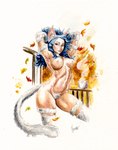 absurd_res autumn autumn_leaves belly beverage blue_hair breasts capcom coffee coffee_mug crotch_fur crotch_tuft darkstalkers felicia_(darkstalkers) female fur hair hi_res medium_breasts mostly_nude normalt painting_(artwork) pinup pose solo stretching traditional_media_(artwork) tuft watercolor_(artwork) white_body white_fur