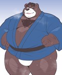 12beat13 2023 absurd_res anthro asian_clothing bear belly big_belly bodily_fluids brown_body bulge clothing east_asian_clothing english_text eyewear fundoshi glasses hi_res humanoid_hands japanese_clothing kemono male mammal mature_male moobs musk one_eye_closed overweight overweight_male solo sweat text underwear white_clothing white_fundoshi white_underwear wink