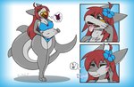 accessory anthro biped black_sclera blue_background bodily_fluids breasts brown_ears brown_markings clothed clothing countershade_face countershade_neck countershade_tail countershade_torso countershading female fin flower flower_in_hair fur gender_transformation gradient_background grey_body hair hair_accessory markings mtf_transformation navel non-mammal_breasts non-mammal_hair non-mammal_navel open_mouth orange_body orange_fur plant red_eyes red_hair simple_background solo squiggle_mouth standing suit_transformation swallowing swimwear tail tail_fin tears text thought_bubble tongue tongue_out transformation transformation_sequence two-piece_swimsuit white_background white_body white_countershading year fox0808 dune_(fox0808) izzy_(9taildog) canid canine fish fox mammal marine shark 2021 artist_name colored english_text hi_res pictographics sequence shaded male_(lore)