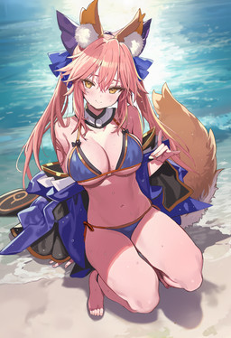 accessory animal_ears bare_shoulders beach big_breasts bikini blue_bikini blue_clothing blue_panties blue_swimwear blue_underwear blush bodily_fluids breasts clothing crouching detailed_background feet female fluffy_ears hair hair_accessory hair_between_eyes hand_on_ground long_hair midriff navel no_shoes panties pigtails pink_hair smile sweat swimwear tail two-piece_swimsuit underwear yellow_eyes shino_(eefy) fate_(series) type-moon caster_tamamo-no-mae animal_humanoid canid canid_humanoid canine canine_humanoid fox_humanoid humanoid mammal mammal_humanoid hi_res