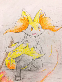 ambiguous_anthro ambiguous_gender anthro biped crouching cute_fangs digitigrade dipstick_tail dirty elemental_manipulation fangs fire fire_manipulation flat_chested front_view holding_object holding_stick markings open_mouth open_smile simple_background smile snout solo stick tail tail_markings teeth eiroru nintendo pokemon braixen canid generation_6_pokemon mammal pokemon_(species) 2018 3:4 colored_pencil_(artwork) colored_sketch digital_drawing_(artwork) digital_media_(artwork) full-length_portrait graphite_(artwork) hi_res japanese_description portrait sketch traditional_media_(artwork) translated_description