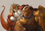 anthro big_muscles bodily_fluids dragon duo facial_hair genital_fluids genitals goatee goroguro hair half-erect horn huge_muscles jewelry male male/male multi_genitalia multi_penis muscular muscular_male mythological_creature mythological_scalie mythology necklace nipple_piercing nipples penis piercing precum scalie smile tail vein veiny_muscles wings