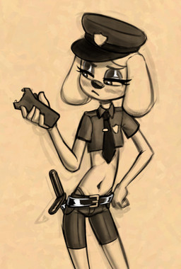 accessory adolescent anthro badge baton belt biped blush bottomwear closed_frown clothed clothed_anthro clothed_female clothing crop_top electroshock_weapon eyebrows eyelashes female female_anthro flat_chested floppy_ears front_view frown fur glistening glistening_eyelids glistening_eyes half-closed_eyes hand_on_hip hand_on_own_hip holding_taser looking_aside midriff mouth_closed narrowed_eyes navel necktie police police_baton police_hat police_officer pupils shirt shorts skimpy solo standing taser thong tie_clip topwear underwear weapon young young_anthro young_female soulcentinel brandy_and_mr._whiskers disney brandy_harrington canid canine canis domestic_dog mammal 2026 guide_lines monochrome portrait sepia sketch three-quarter_portrait