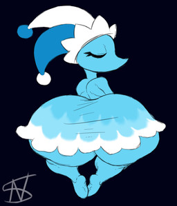 anthro barefoot big_butt blue_body bottomwear butt clothed clothing eyelashes eyes_closed feet female hat headgear headwear huge_butt simple_background skirt solo thick_thighs wide_hips nightsome deltarune undertale_(series) darkner mizzle_(deltarune) hi_res