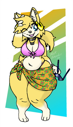 3_toes 4_fingers anthro barefoot belly big_breasts bikini biped black_collar black_jewelry black_necklace blonde_hair blue_eyes breasts cleavage clothed clothed_anthro clothed_female clothing collar countershading eyebrow_through_hair eyebrows eyelashes eyewear feet female female_anthro fingers floral_print front-tie_bikini fur gloves_(marking) hair happy holding_eyewear holding_object holding_sunglasses jewelry leg_markings long_eyelashes markings midriff navel necklace piercing pink_bikini pink_clothing pink_swimwear ponytail sarong scut_tail short_tail slightly_chubby slightly_chubby_anthro slightly_chubby_female socks_(marking) solo sunglasses swimwear tail thick_thighs thong_straps toes topwear translucent translucent_hair two-piece_swimsuit white_body white_countershading white_markings wide_hipped_anthro wide_hipped_female wide_hips yellow_body yellow_fur yellow_tail blayaden sam_(blayaden) domestic_cat felid feline felis mammal 2024 colored hi_res shaded signature
