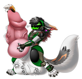 anthro cock_vore duo genitals hyper hyper_genitalia knot knotted_penis machine male multiple_prey penile penis protogen_armor protogen_visor vore unknown_artist vtuber ancient_nick canid canine canis mammal protogen wolf hi_res