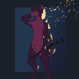 anthro blood blood_splatter bodily_fluids crotch_tuft gun hands_behind_head holding_object holding_weapon male markings no_pupils nude nude_anthro purple_body ranged_weapon solo spikes striped_markings striped_tail stripes tail tail_markings tuft unusual_blood unusual_bodily_fluids weapon whiskers killercanid casualties:_unknown domestic_cat felid feline felis gunsawian mammal voyager_(gunsawian) full-length_portrait portrait