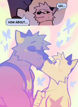 anthro arm_markings blue_butterfly blush blush_lines bodily_fluids brown_body brown_eyes clothing dialogue duo eyebrows eyes_closed glowing glowing_background hand_on_chest kiss_on_lips kissing male male/male markings muscular nervous nervous_smile nervous_sweat raised_eyebrows romantic shirt shoulder_markings smile star_(marking) surprise_kiss sweat tank_top teary_eyes text topwear yellow_sclera rygel_spkb milo_(rygel_spkb) yoby_(rygel_spkb) ambient_arthropod ambient_butterfly ambient_insect canid canine canis mammal wolf absurd_res comic english_text hi_res