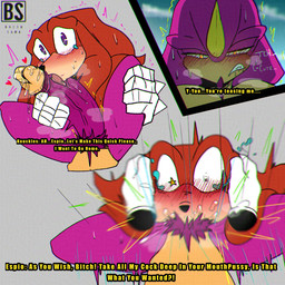 accessory angry anthro arm_wraps big_penis bite biting_lip biting_own_lip blush bodily_fluids cock_ring deep_throat dialogue drooling duo facial_hair foreskin genitals goatee hand_on_head heart_symbol jewelry larger_sub licking male male/male motion_lines muscular muscular_male musk musky_penis oral oral_penetration penetration penile penis penis_accessory penis_jewelry penis_lick profanity pubes retracted_foreskin saliva self_bite sex shaking sharp_teeth shivering size_difference standing_on_shoulders stray_pubes stuck submissive sweat sweatdrop tears teeth text throbbing throbbing_penis through_wall tongue wraps bacon_sama sega sonic_the_hedgehog_(series) espio_the_chameleon knuckles_the_echidna chameleon echidna lizard mammal monotreme reptile scalie 1:1 english_text hi_res