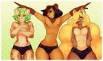 anthro big_hair clothed clothing femboy front_view green_hair group hair long_hair male simple_background skimpy speedo spread_arms standing swimwear thick_thighs topless underwear wide_hips jujubeeluv juju_(jujubeeluv) kiwi_(jujubeeluv) sid_(jujubeeluv) domestic_cat felid feline felis hybrid lagomorph leporid mammal mustelid otter rabbit 2017 portrait three-quarter_portrait