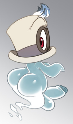 anthro anthrofied balls big_butt bottomless butt clothed clothing curvy_figure erection genitals glistening glistening_body hair hat headgear headwear humanoid_genitalia humanoid_penis looking_at_viewer looking_back male not_furry nude penis rear_view red_eyes simple_background solo topwear white_background analon_(artist) mario_bros nintendo super_mario_odyssey cappy_(mario) bonneter ghost spirit 2019 digital_media_(artwork)