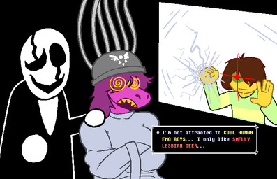 anthro brainwashing female group male text trio anonymous_artist unknown_artist deltarune undertale undertale_(series) gaster kris_dreemurr susie_(deltarune) human humanoid mammal scalie english_text meme