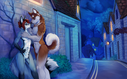 5_fingers anthro belly big_tail biped black_body black_fur black_nose brown_body brown_fur building casual_nudity chimney curled_tail door duo eye_contact fingerless_(marking) fingers fluffy fluffy_tail fur hair hand_on_chest hand_on_chin house huge_tail looking_at_another male male/male navel neck_tuft night nude outside plant red_hair romantic romantic_ambiance romantic_couple rooftop tail tree tuft two_tone_tail wall_(structure) white_belly white_body white_fur demicoeur canid canine canis domestic_dog fox husky mammal nordic_sled_dog spitz 16:10 character_request digital_media_(artwork) widescreen
