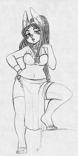 anthro clothed clothing dreadlocks egyptian egyptian_clothing female jewelry necklace open_mouth pectoral_(jewelry) solo standing higgyy kiyathejackal_(character) anubian_jackal canid canine canis jackal mammal hi_res monochrome sketch