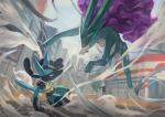 ambiguous_gender anthro battle building duo_focus eye_contact feral group looking_at_another male outside nazgul_(artist) nintendo pokemon pokken_tournament pokemon_trainer generation_2_pokemon generation_4_pokemon human legendary_pokemon lucario mammal normal_rotom pokemon_(species) rotom suicune 2018 absurd_res hi_res