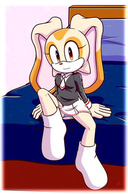 bedroom bottomwear breasts clothing female floppy_ears foot_on_bed footwear legwear loli orange_eyes panties school_uniform skirt small_breasts smile socks solo thigh_highs underwear uniform young xxkenthewolfxx sega sonic_the_hedgehog_(series) cream_the_rabbit lagomorph leporid mammal rabbit absurd_res hi_res