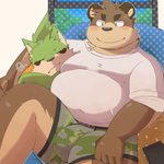 anthro belly bulge clothing duo fur green_body green_fur hug humanoid_hands kemono male overweight overweight_male shirt sitting topwear underwear green_bell inakamichi canid canine mammal raccoon_dog tanuki 1:1 2020 hi_res