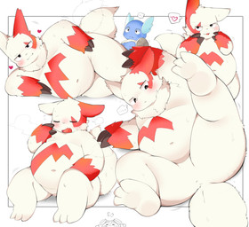 anthro belly blush claws featureless_crotch fur heart_symbol lying male moobs navel nude null on_back on_side overweight overweight_male spread_legs spreading suggestive_look suggestive_pose white_body white_fur rokacake nintendo pokemon generation_1_pokemon generation_3_pokemon pokemon_(species) wartortle zangoose hi_res multiple_images