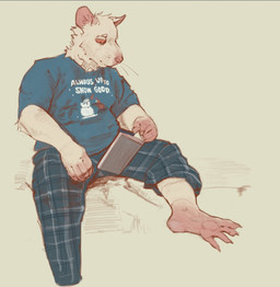 4_toes anthro barefoot book bottomwear clothed clothed_anthro clothing feet fur holding_book holding_object humor male male_anthro misleading_thumbnail pajama_pants pajamas pants print_clothing print_shirt print_topwear pun reading reading_book shirt simple_background sitting solo text text_on_clothing text_on_shirt text_on_topwear toes topwear white_body white_fur yellow_background contort_desire toilet_(contort_desire) mammal murid murine rat rodent 2024 english_text hi_res