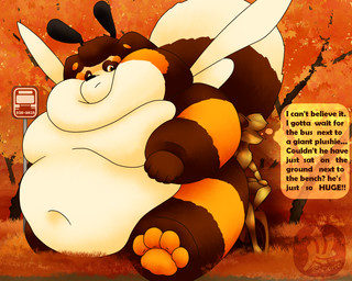 antennae_(anatomy) anthro autumn_leaves belly bench brown_body brown_fur bus_stop bus_stop_sign dialogue duo fur macro male maple_tree on_bench overweight overweight_anthro overweight_male plant public_park simple_background sitting sitting_on_another sitting_on_bench size_difference stubby_legs text tree wings fujiyama_samoyed anon bumble_beans_(fujiyamasamoyed) arthropod bee bumble_bee_(species) canid canine hybrid hymenopteran insect mammal raccoon_dog tanuki 5:4 english_text hi_res shaded soft_shading watermark