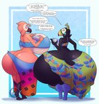 anthro big_breasts big_butt biped breasts butt clothed clothed_anthro clothed_female clothing duo female huge_butt hyper hyper_butt non-mammal_breasts simple_background size_difference standing text tropical crescent-blue-zero flo_toucan_(crescent-blue-zero) kai_flamingo_(crescent-blue-zero) avian bird flamingo toucan 2025 absurd_res english_text hi_res cousins_(lore)