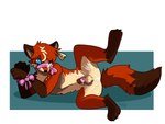 anthro bodily_fluids bound bow_muzzle bow_ribbon chastity_cage chastity_device cum ear_piercing ear_tag femboy genital_fluids hands_tied male piercing solo synthet1c lake_ridley_(synthet1c) canid canine fox mammal 4:3 hi_res